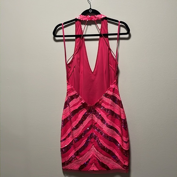 LIV FOSTER V-Neck Halter Sequin Stripe Pink Mini Dress, Size 6 - Picture 8 of 12